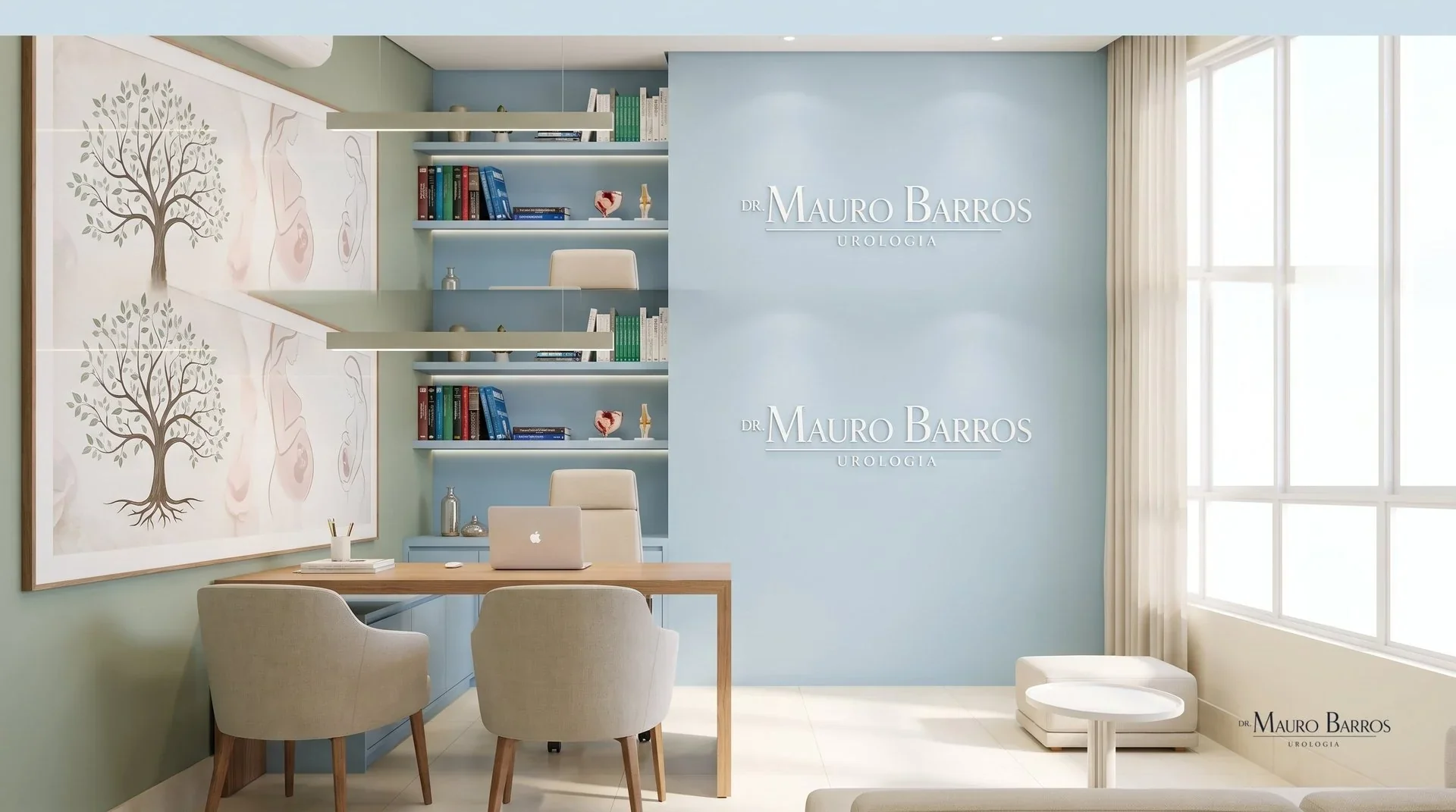 Fotografia profissional ilustrando interior moderno do consultório do dr. mauro barros em maceió, com foco em planejamento familiar com foco em vasectomia em maceió no nicho de saude estetica.